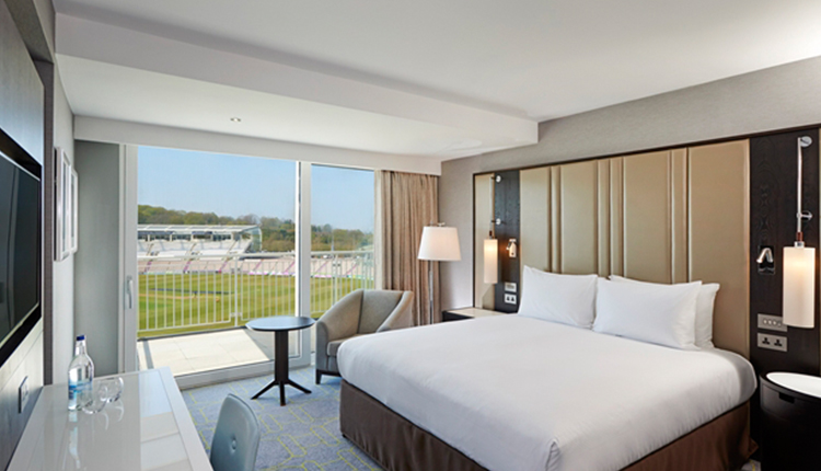 Ageas Hilton Bedroom overlooking Ageas Bowl Cricket Pitch, Hampshire